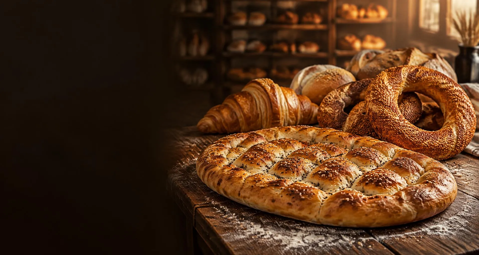 Goudbruin Turks brood, simit en croissants